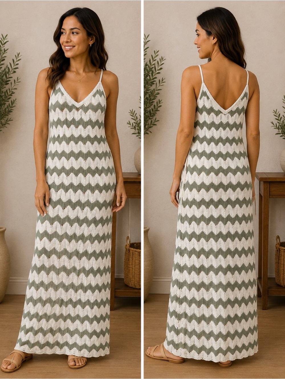 Madden Girl Sweater Chevron Knit Boho Strappy Sundress V-Neck Maxi Lrg NWT